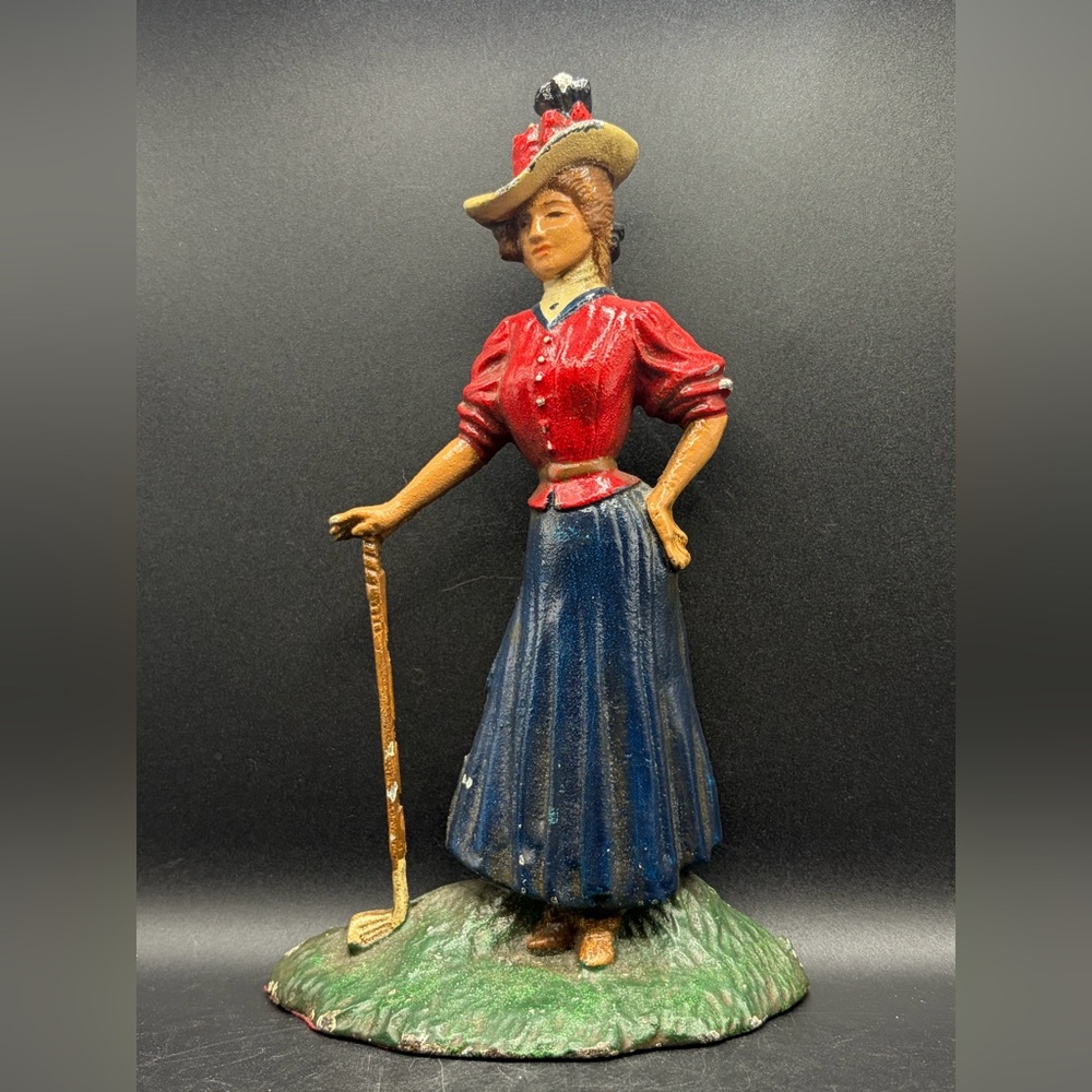 Vintage Hand Painted Cast Iron Doorstop Victorian Woman Golfer, Decor Bookend